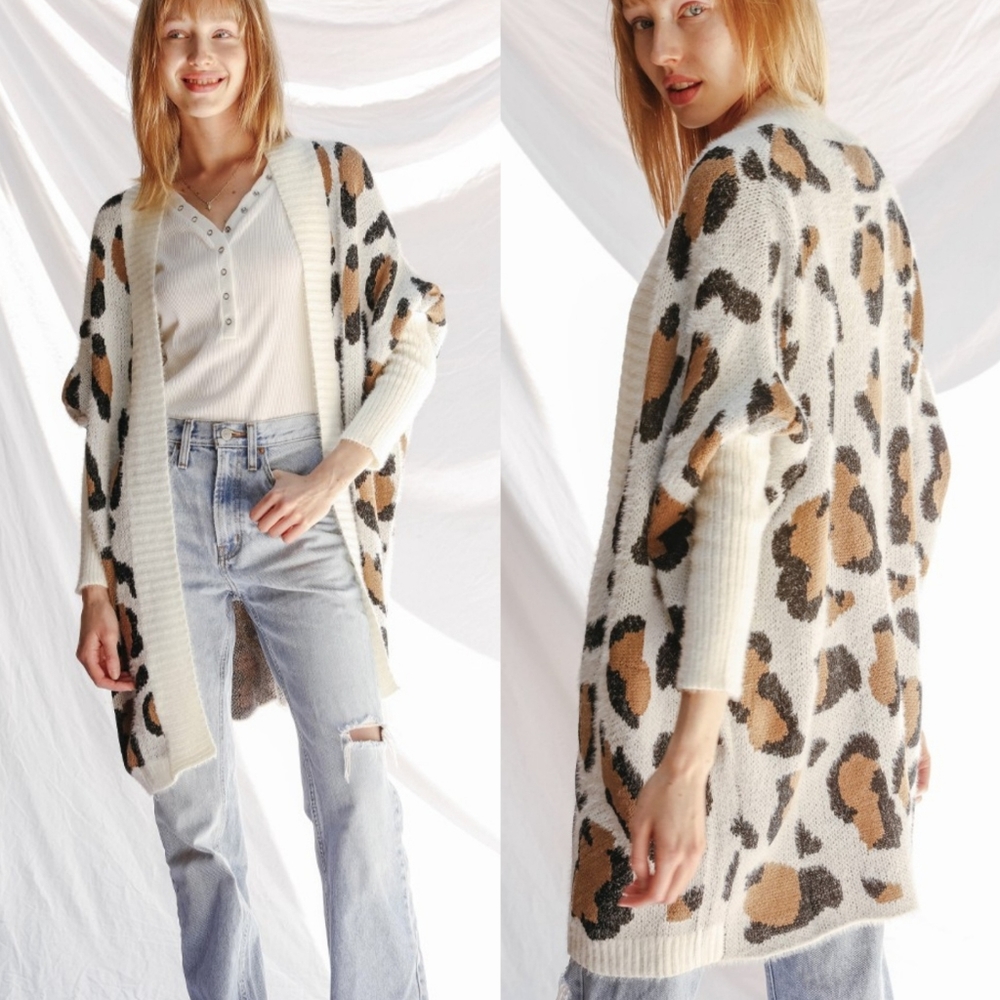 Cream Animal Print Ultra Soft Open Cardigan w fitted sleeves, Size L NWOT